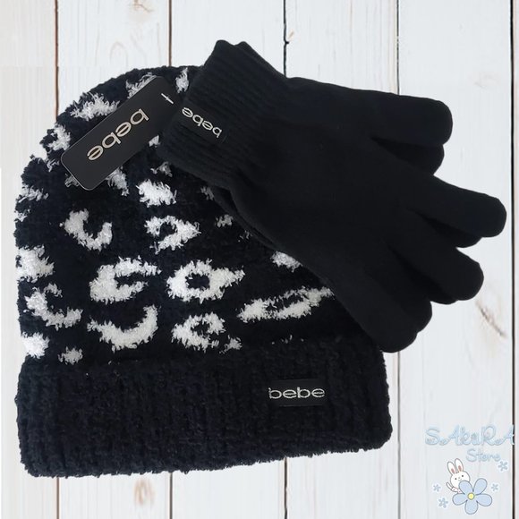 NWT BEBE AUTHENTIC WOMEN'S BLACK WHITE ANIMAL PRINT BEANIE HAT WITH GLOVES - Picture 1 of 4